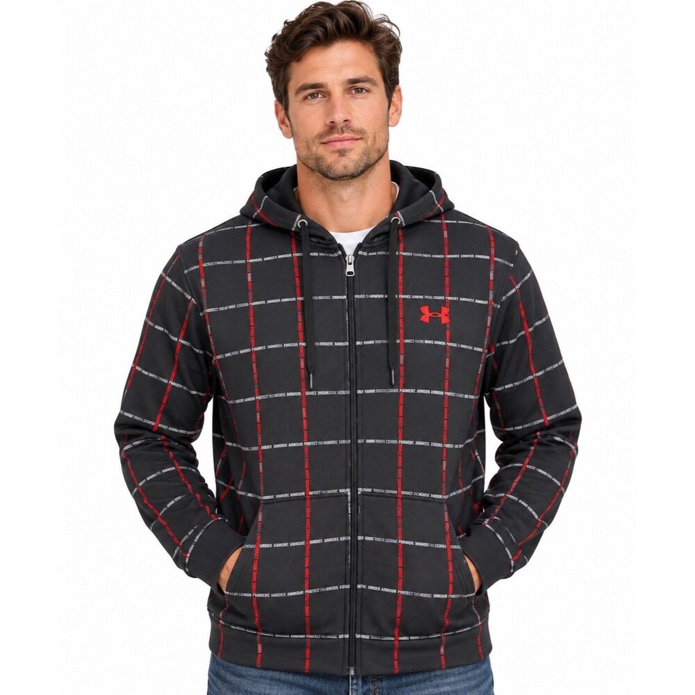 UNDER ARMOUR Size Large Full Zip Hoodie Plaid Black Protect This House Black
